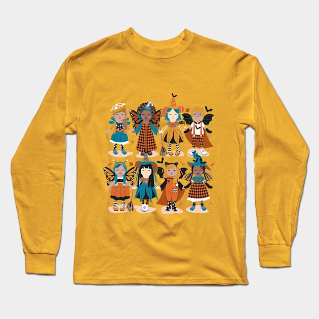 Witches dance // spot illustration // flesh background orange yellow and teal halloween fantasy costumes Long Sleeve T-Shirt by SelmaCardoso